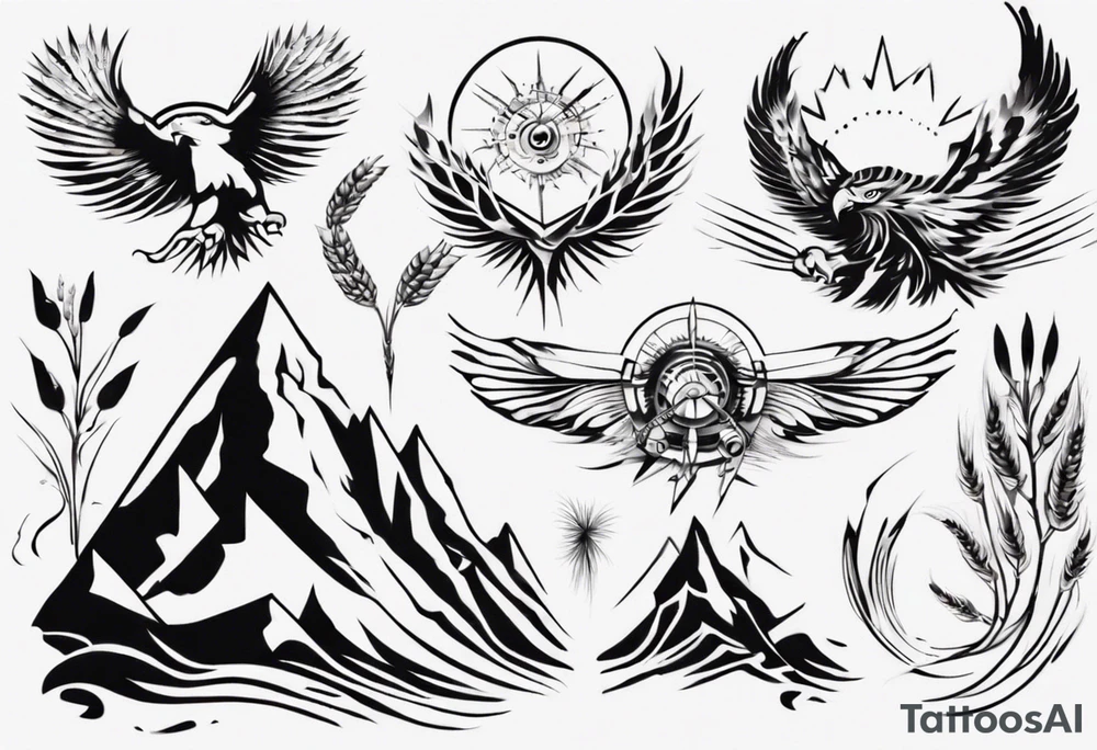 mountains wheat eagle tattoo idea