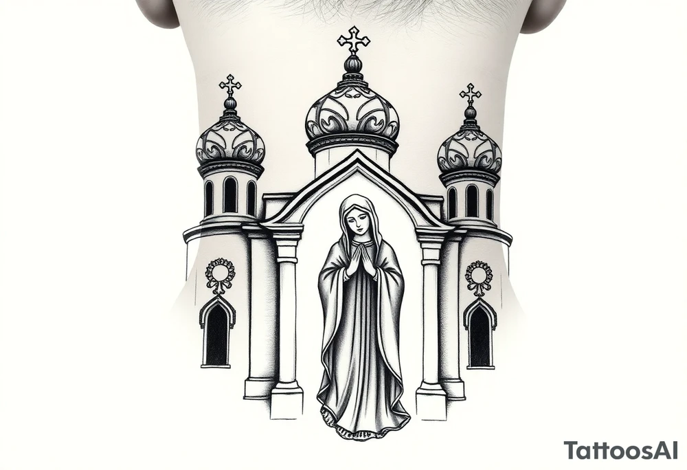 Russian orthodox church with bulb domes with a prominent russian orthodox style virgin mary stood outside with hands together tattoo idea
