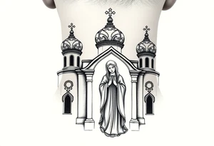 Russian orthodox church with bulb domes with a prominent russian orthodox style virgin mary stood outside with hands together tattoo idea