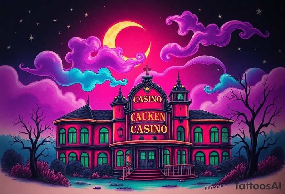 Tim Burton’s haunted casino is abandoned and dripping with muted reds, dusty pinks, and eerie green glow.purple and cyan smokey clouds swirl in the crescent moonlit sky thats sprinkled with stars tattoo idea tattoo idea