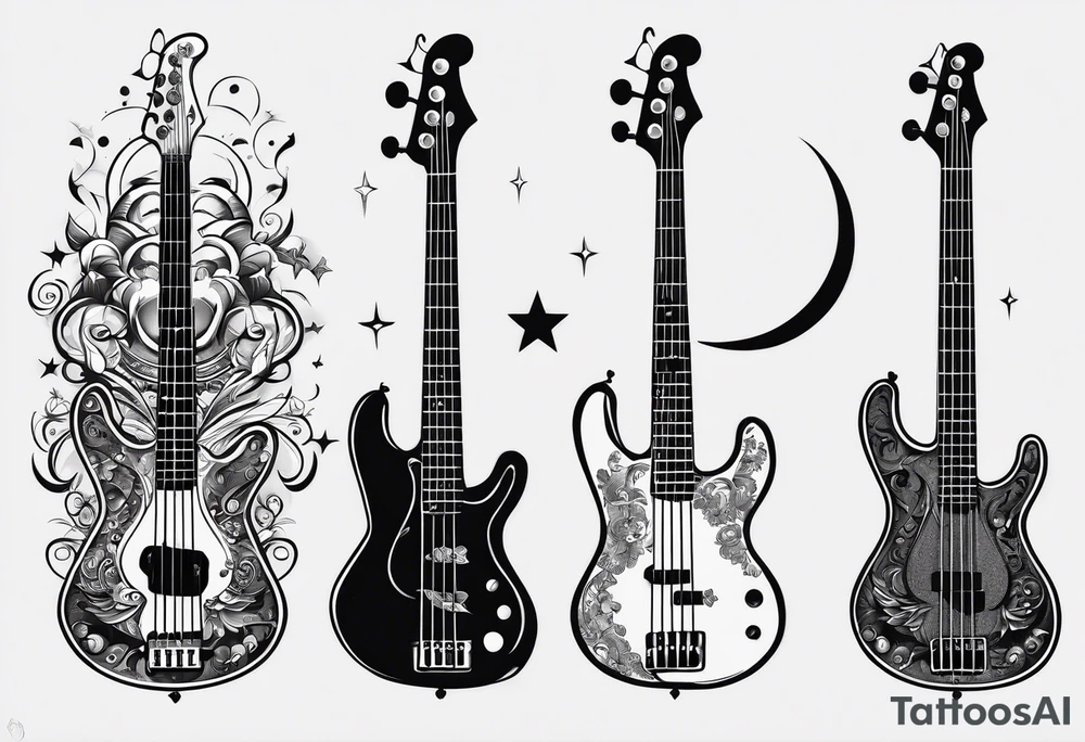 A well balanced tattoo full left arm with the following images:
a bass guitar, 
2 stars, 
1 quarter moon, 
a caduceus symbol and 
a mickey mouse shadow tattoo idea