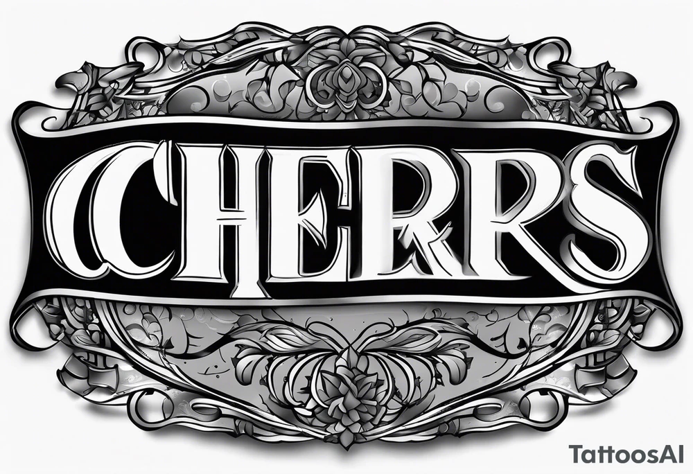 "Cheers Mate" text black and grey ink armband +abstract +grey Cancer Ribbon tattoo idea