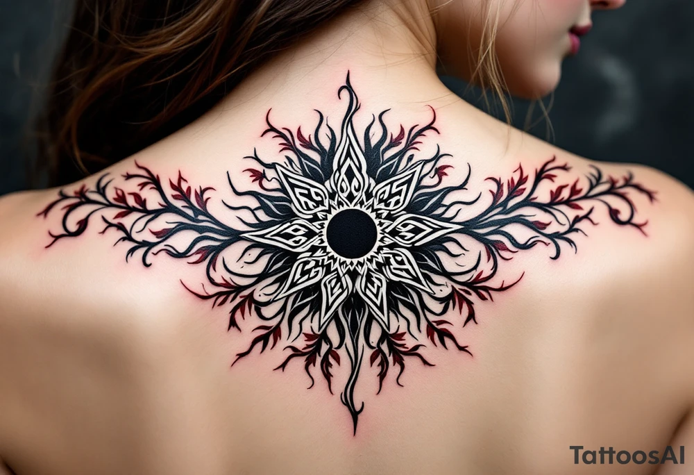 Wrapped in burgundy vines, the black Celtic sun at the center pulses with mystic charm. tattoo idea