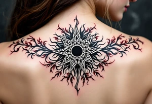 Wrapped in burgundy vines, the black Celtic sun at the center pulses with mystic charm. tattoo idea