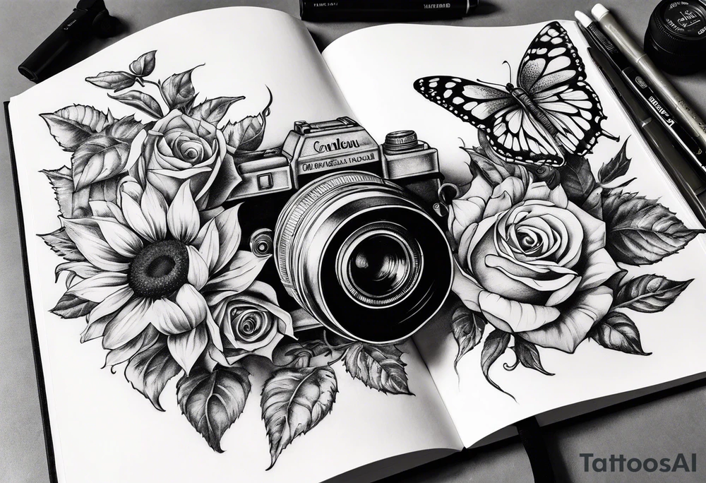 Book, sunflower, camera, butterfly, flower rose tattoo idea Book, sunflower, camera, butterfly, flower rose tattoo idea