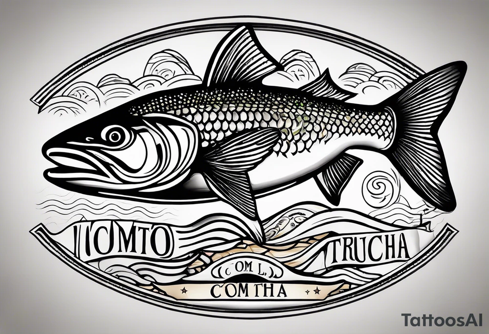 A small tattoo with a shaded trout and text that says, 'Como la trucha...' drawn with fine lines." tattoo idea