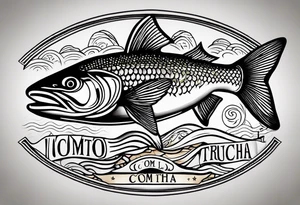 A small tattoo with a shaded trout and text that says, 'Como la trucha...' drawn with fine lines." tattoo idea