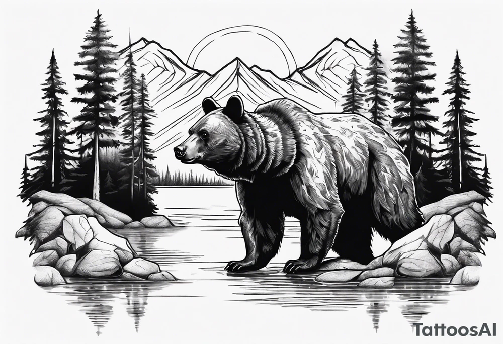 black bear over a forest with a lake below tattoo idea
