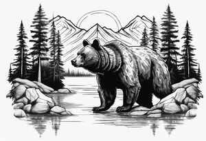 black bear over a forest with a lake below tattoo idea