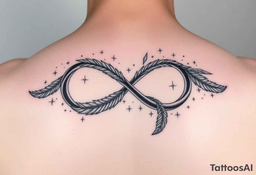 infinity symbol woven with floating feathers and stardust tattoo idea