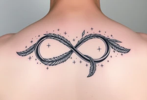 infinity symbol woven with floating feathers and stardust tattoo idea