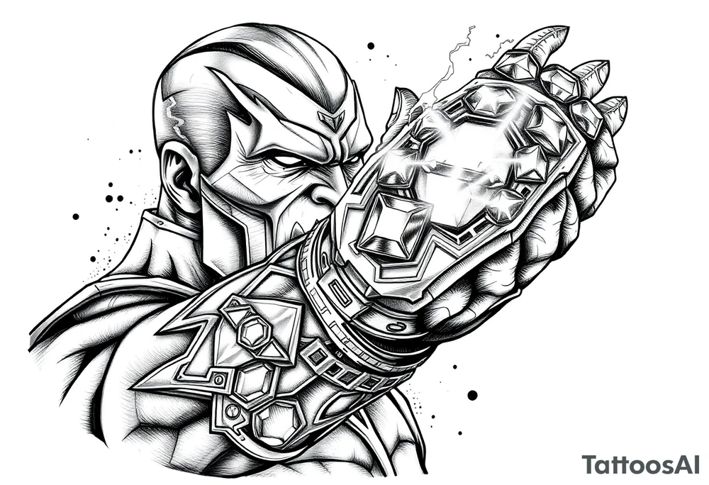 thanos with infinity gaulet filled with infinity stones fighting avengers tattoo idea