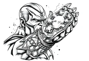 thanos with infinity gaulet filled with infinity stones fighting avengers tattoo idea
