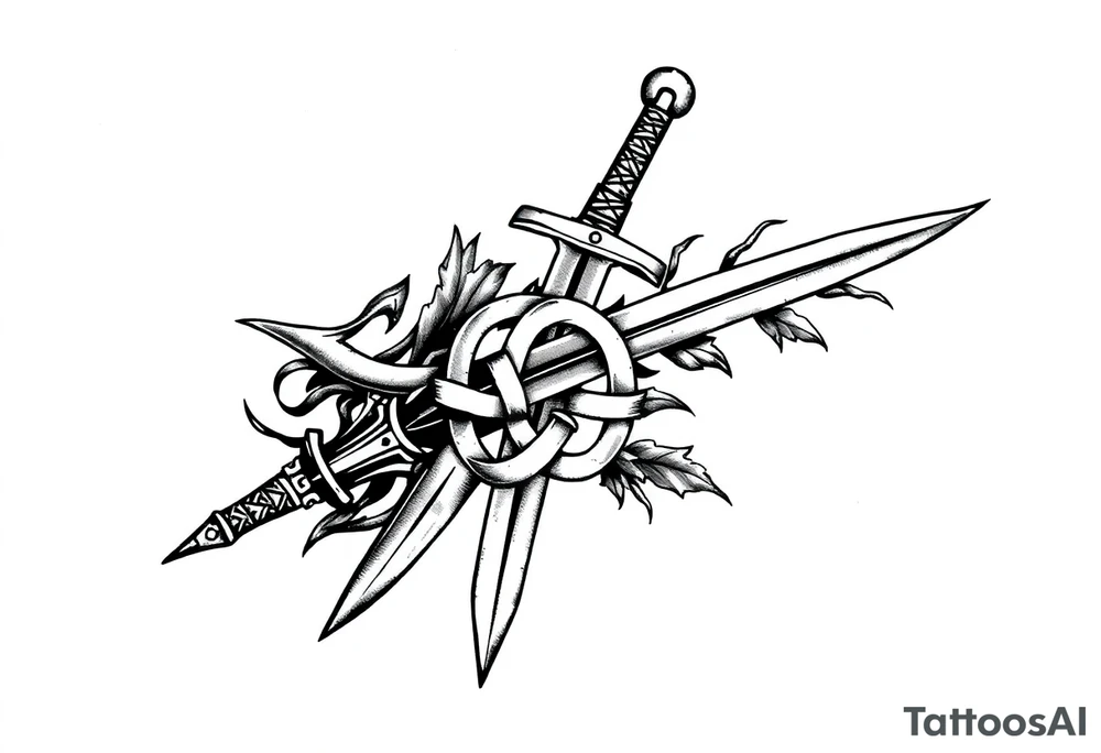 Armband tattoo combining a Celtic knot with a sword and nature tattoo idea