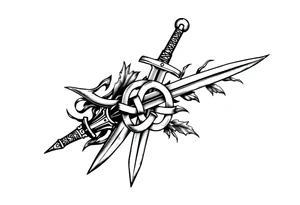 Armband tattoo combining a Celtic knot with a sword and nature tattoo idea