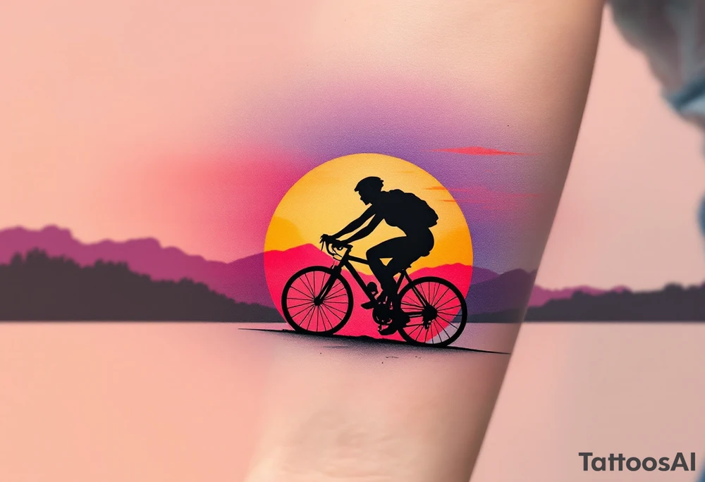 A silhouette of a cyclist against a setting sun, with a dramatic contrast of black ink against a gradient of purple, orange, and red. tattoo idea