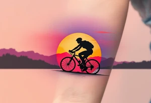 A silhouette of a cyclist against a setting sun, with a dramatic contrast of black ink against a gradient of purple, orange, and red. tattoo idea