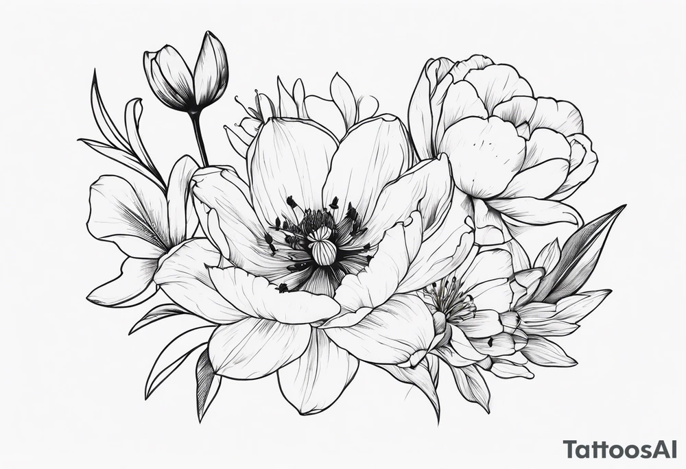 Verticle arm placement of dainty TULIPS, LILLIES, DRAGONflower, poppy, bees, peony, forearm tattoo idea