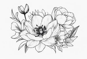 Verticle arm placement of dainty TULIPS, LILLIES, DRAGONflower, poppy, bees, peony, forearm tattoo idea