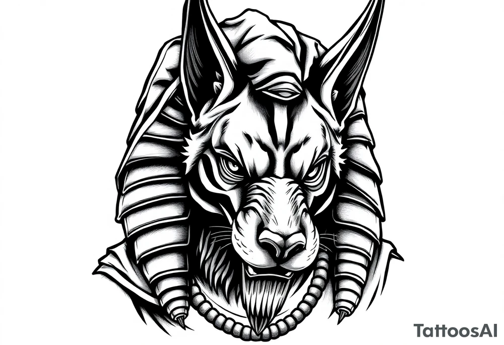 Egyptian Anubis god powerful face muscle in Egypt style with mantle on head dog face long ears tattoo idea