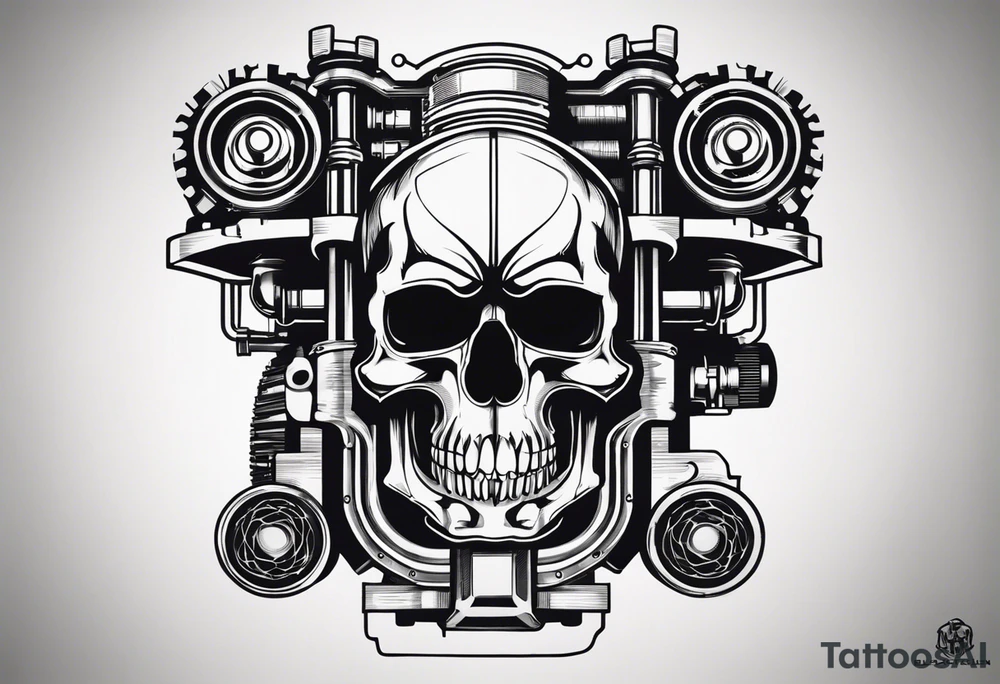 Powerful skull and engine, in this appears a piston and a turbo, also the dseign must be vertical. Also, the desing must be minimalistic not saturated. Remember the vertical design as this will go in my calf tattoo idea