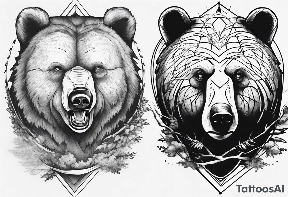 bear head right above the forest line with a lake below, full arm sleeve tattoo tattoo idea