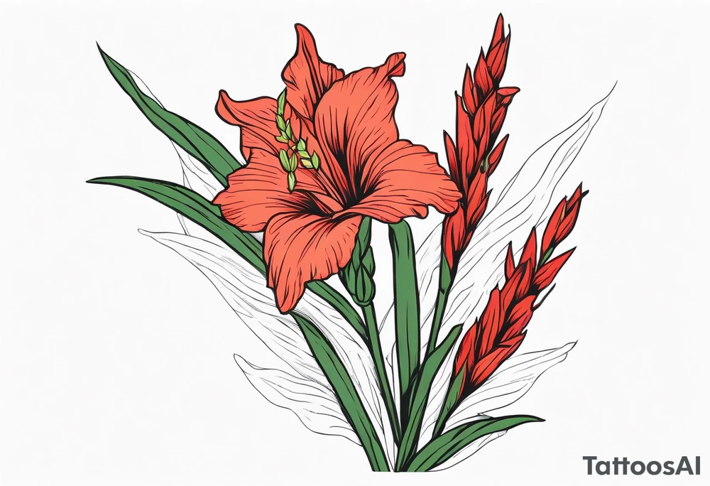 one single narrow gladiolus stalk. green leaves. coral-colored flowers with deep red centers. tattoo idea