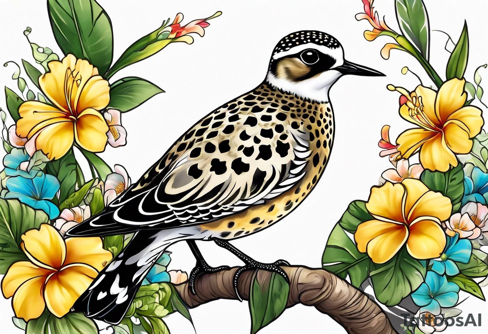 Pacific golden plover with Hawaiian flowers tattoo idea