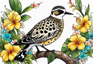 Pacific golden plover with Hawaiian flowers tattoo idea