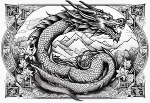 Boussole avec toute les directions avec dragon asiatique avec leur perle tattoo idea