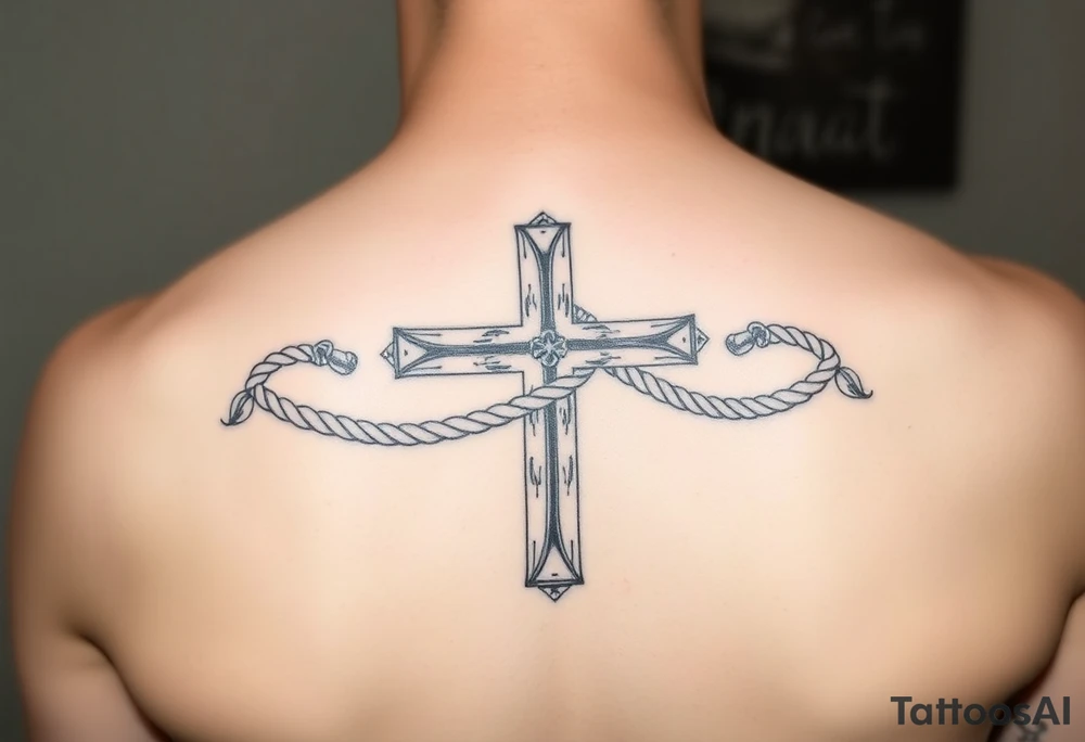 weathered christian cross wrapped in nautical rope with sea waves tattoo idea