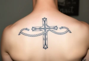 weathered christian cross wrapped in nautical rope with sea waves tattoo idea