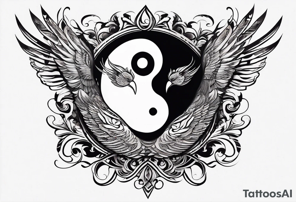 Semicolon ying-yang with theater masks and two birds tattoo idea