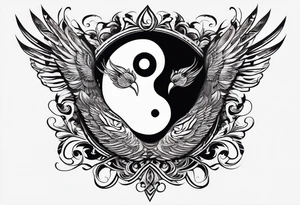 Semicolon ying-yang with theater masks and two birds tattoo idea