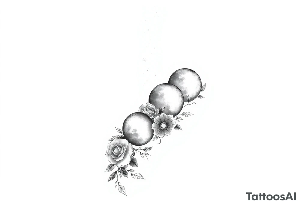 Each phase of the moon going down the spine with space in between each moon there’s vines roses and different flowers down the side of each moon going down the spine 
The moons are diagonal tattoo idea