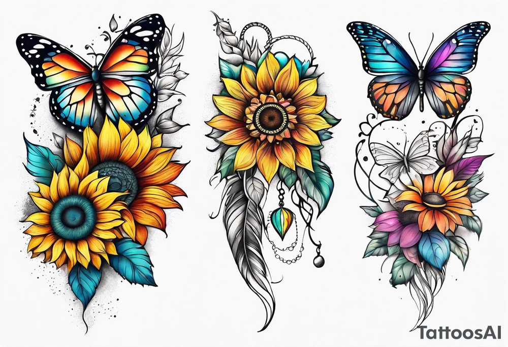 Quarter Leg sleeve with dreamcatcher, rainbow sunflowers and one butterfly tattoo idea