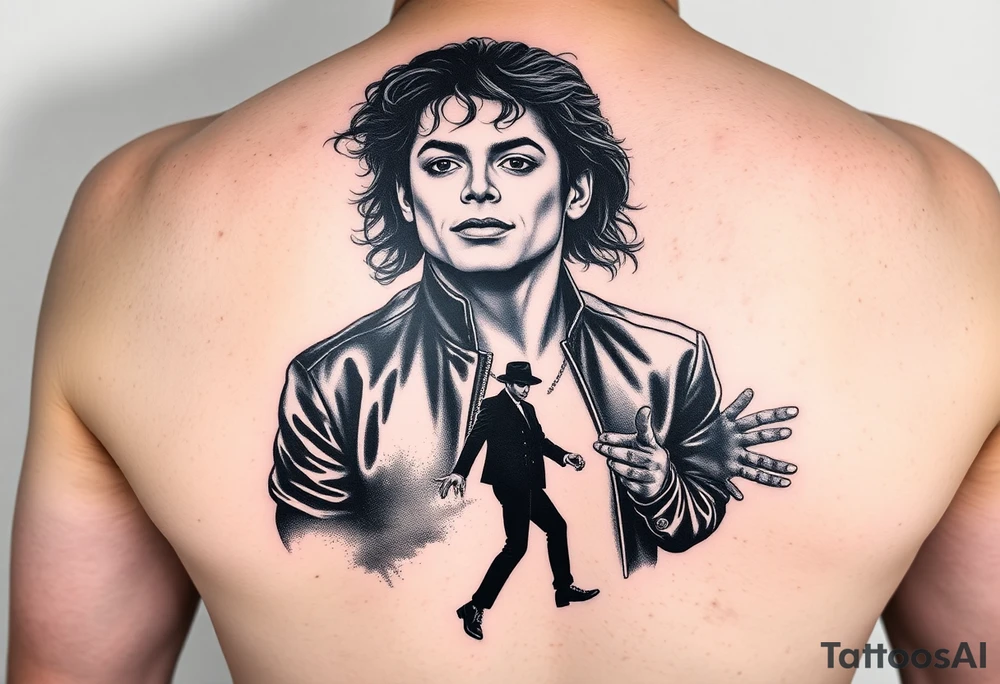 A detailed realism tattoo design for an upper arm sleeve, featuring a collage of Michael Jackson throughout his career. Top features a Thriller-era portrait, middle shows a Dangerous-era portrait with detailed leather jacket textures, and the bottom fades into his iconic silhouette dancing in a spotlight with his fedora hat and glove. Masterpiece, high-contrast black and grey tattoo flash, cinematic lighting, photorealistic, tattoo idea