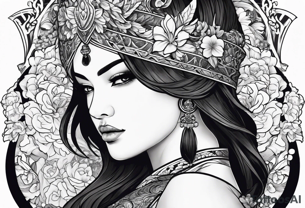 ornate beautiful woman warrior with weapon & floral arch background tattoo from head to torso tattoo idea
