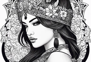 ornate beautiful woman warrior with weapon & floral arch background tattoo from head to torso tattoo idea
