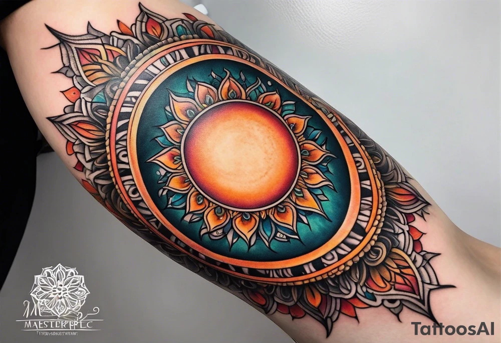 male moon mandala Knee tattoo in fall colors tattoo idea