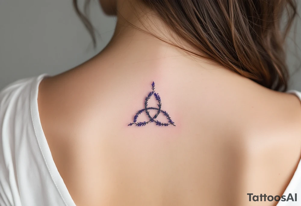 A triquetra made of delicate lavender sprigs, with soft purple hues and a watercolor effect. tattoo idea