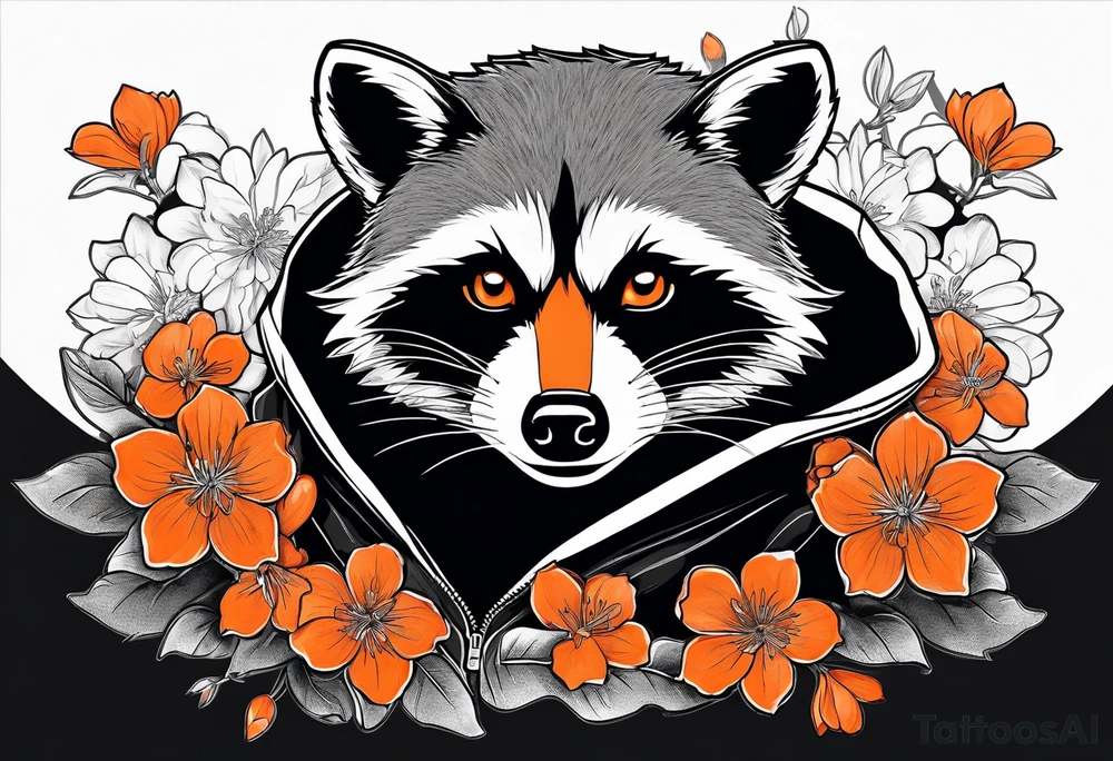 Raccoon wearing a white Superman logo on a black hoodie and orange Japanese cherry blossoms tattoo idea