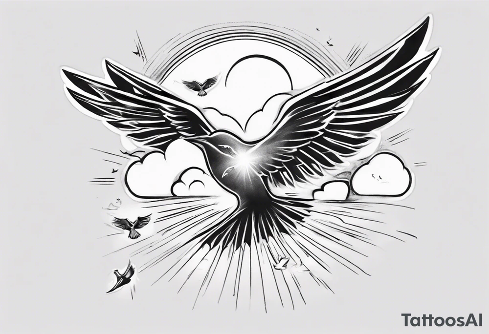 a shoulder tattoo with rays of light, clouds and birds flying free tattoo idea