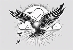 a shoulder tattoo with rays of light, clouds and birds flying free tattoo idea