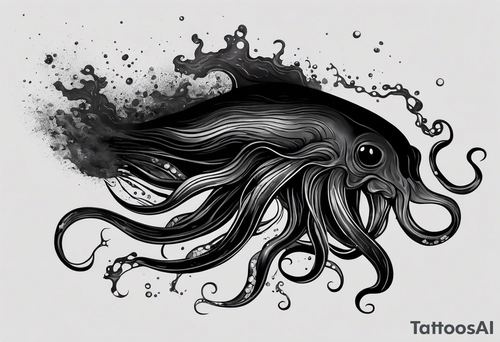 A visual representation of the horror squid concept, showing the squid becoming invisible in ink, its body turning black to blend in with its deep sea environment. The overall environment is dark, creating an eerie underwater atmosphere. tattoo idea