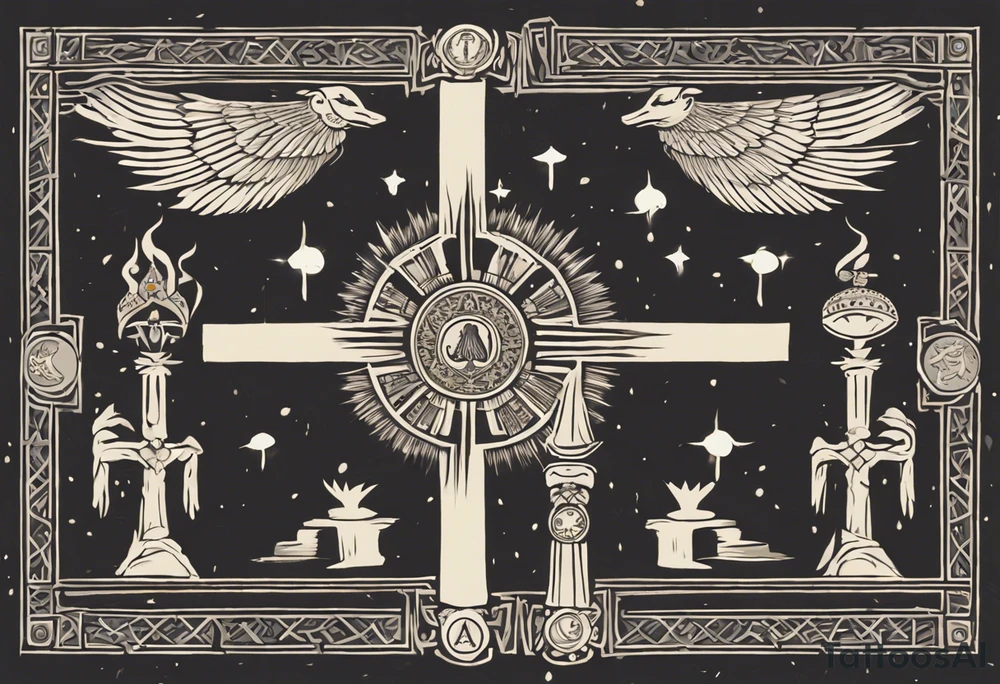 A medieval cross with an assyrian flag in the middle. A crown om top of the cross. The assyrian king Sennacherib. A sun and a moon. A cloud with rain and thunder. charizard. an imperfect cirkle. a candle. a swan. lemons. the god asshur with wings. an ankh. angel wings with a halo. surrounded by olive branches and feathers. tattoo idea