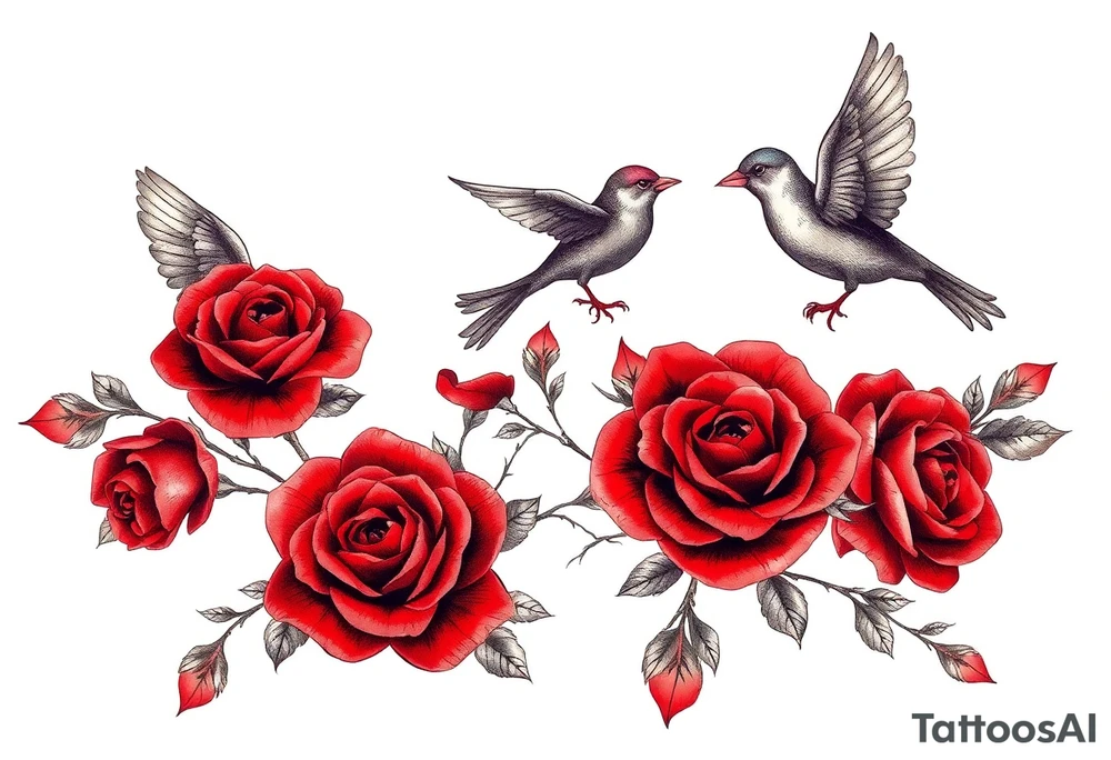 Vintage lace, red roses, red birds, vintage tattoo idea