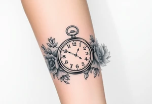 Pocket watch , surrounded by floral ornaments and birds tattoo idea