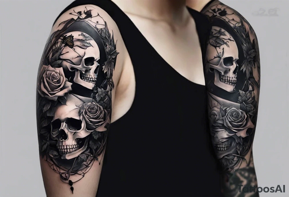 A sleeve tattoo whose elements seem to be connected into one story. Elements on the tattoo: a skull with a rose sticking out of the eye, plants, a girl’s face turning into roots, a destroyed old chain, a broken sword, a butterfly and you can add some connecting elements tattoo idea