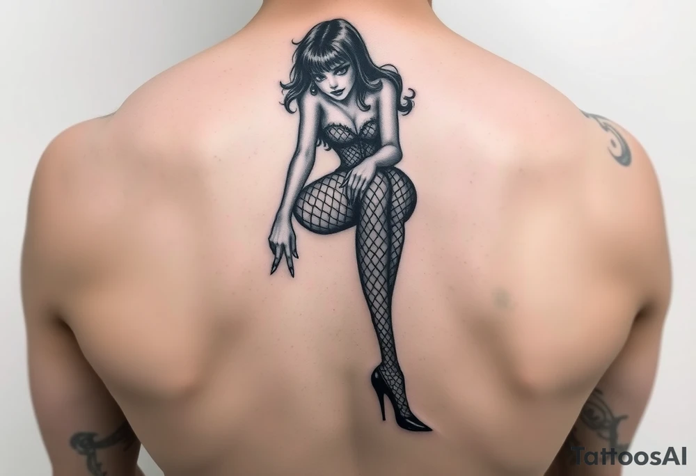 Goth woman with fishnet tights, long nails and stiletto shoes tattoo idea